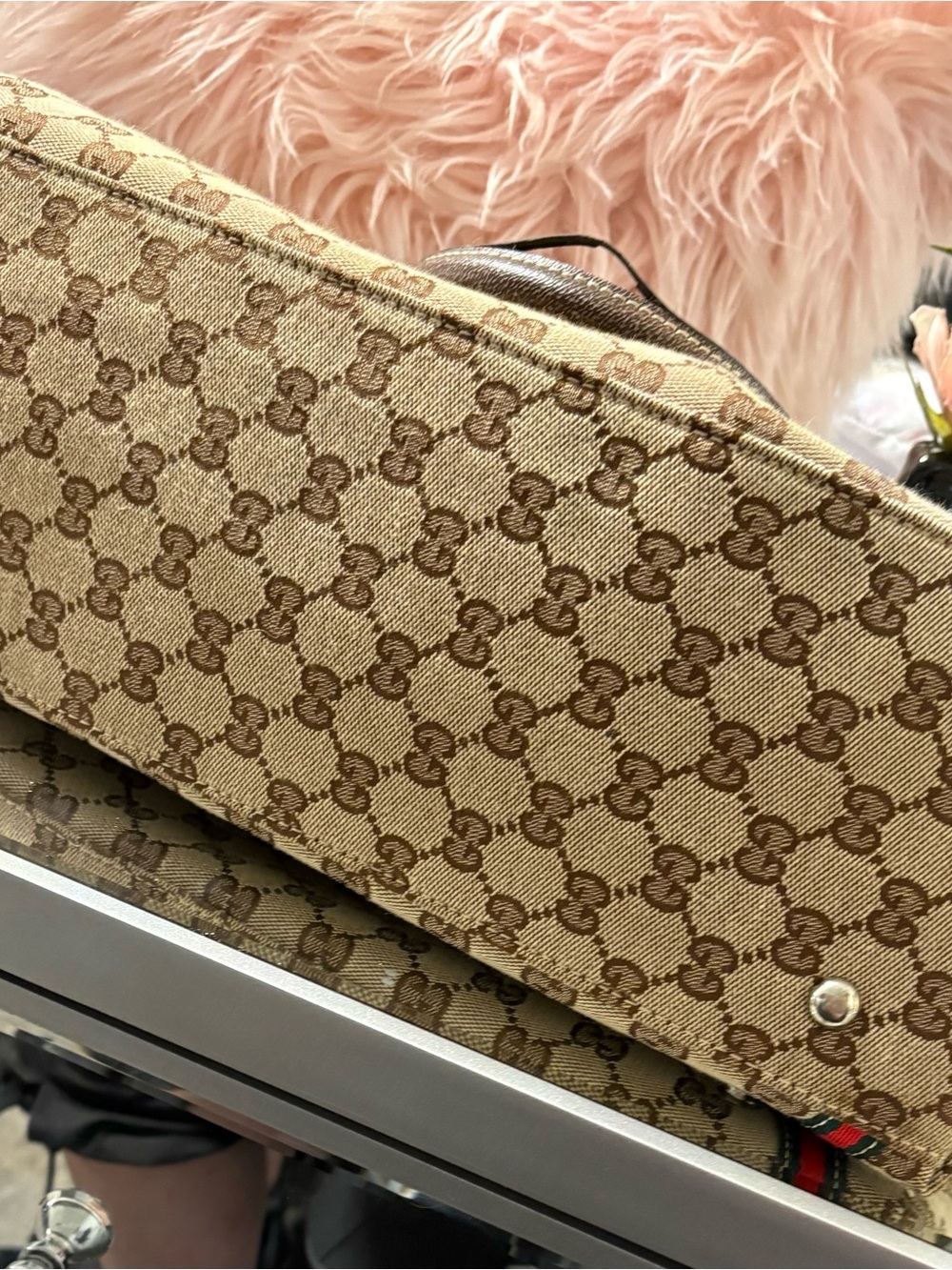 Brown GG Canvas Studded Satchel with Red & Green Web - Picture 8 of 12